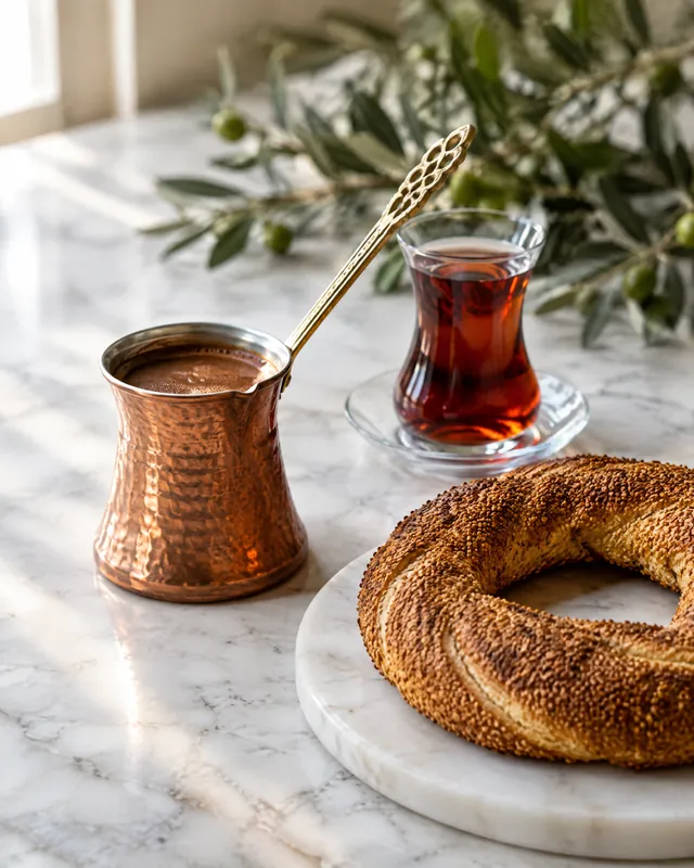 GPT Image 2.5 (medium, 2K), nesne adları İngilizce: bakır cezve, çay ve simit