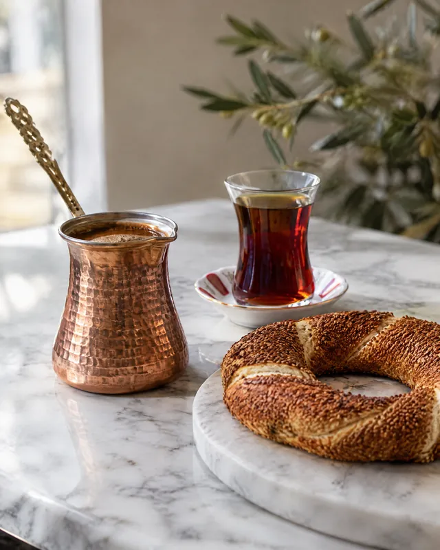 GPT Image 2.5 (medium, 2K), nesne adları Türkçe: bakır cezve, çay ve simit