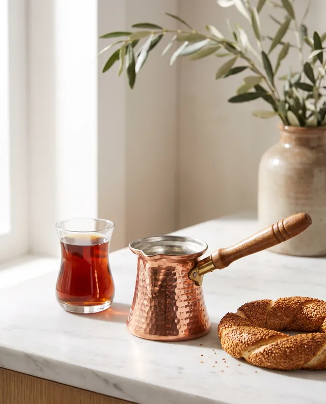 Nano Banana 2 (2K), nesne adları İngilizce: bakır cezve, çay ve simit