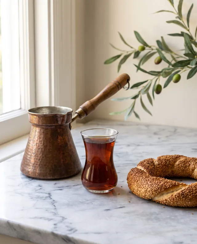 Nano Banana 2 (2K), nesne adları Türkçe: bakır cezve, çay ve simit
